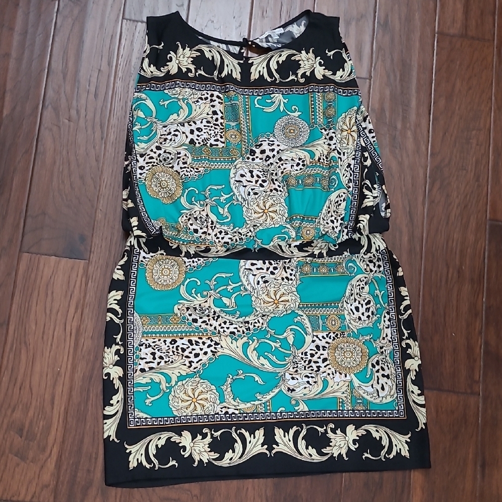 Sandra Darren Black with Teal & Gold Designed Sleeveless Dress size 18
